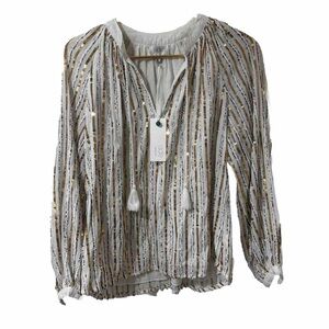 Jade Johnny Was Eden Peasant Blouse Top Women Sz Small White Gold Sequins NWT